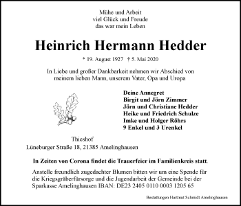 Anzeige von Heinrich Hermann Hedder von LZ